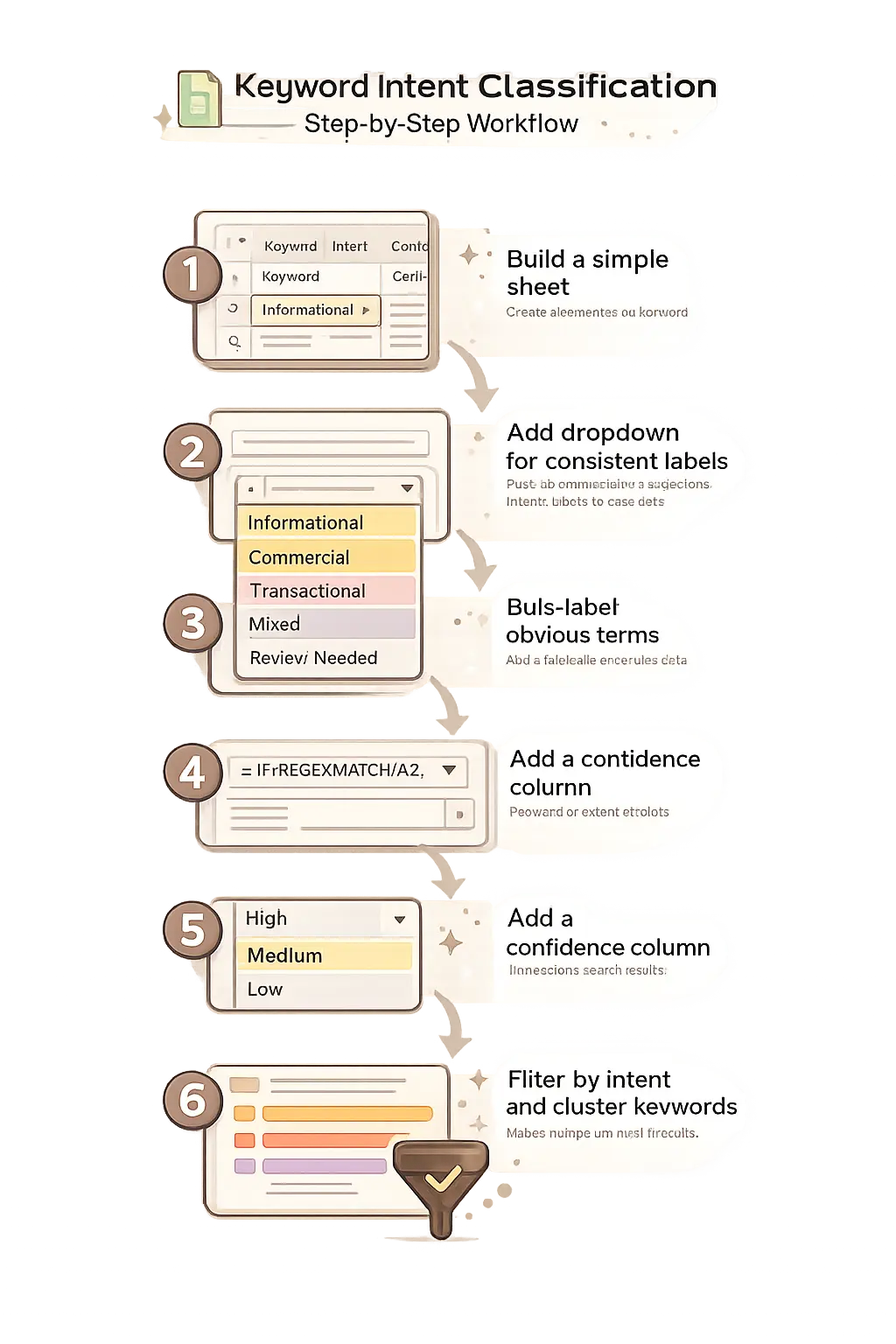 step by step workflow for keyword intent classification in google sheets showing intent labeling process