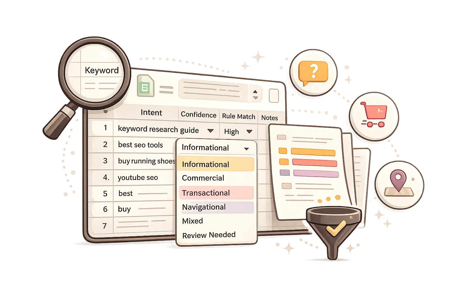 keyword intent classification workflow in google sheets with labeled search intent categories